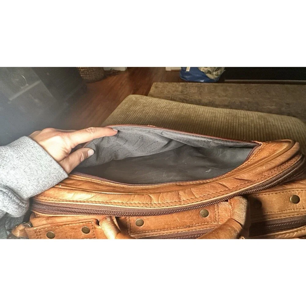 Full Grain Leather Briefcase Laptop Bag Tan Cognac Double Zip